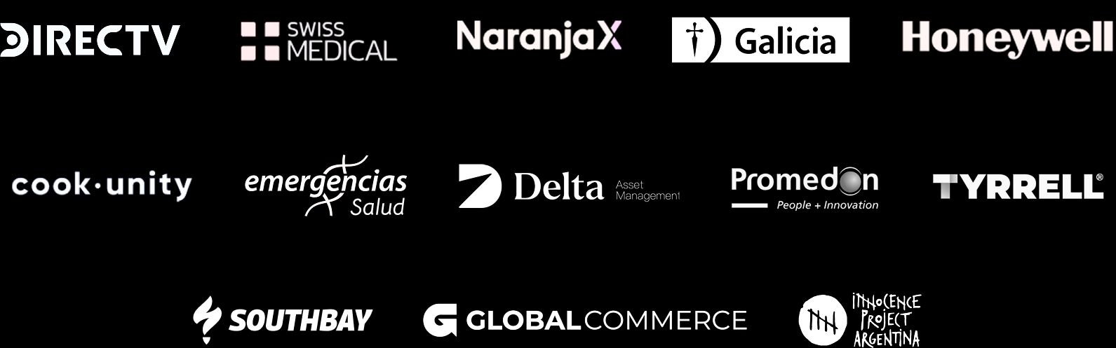 DIRECTV, Swiss Medical, Naranja X, Galicia, Honeywell, CookUnity, Emergencias, Delta, Promedon, Tyrrell, Southbay, Global Commerce, Innocence Project Argentina